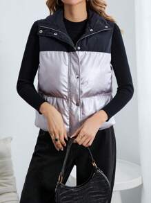 SHEIN Essnce 雙色拉鏈開襟羽絨背心大衣 - 彩色 - 查看 5