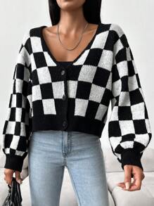 EURMUSE Checker Pattern Drop Shoulder Cardigan - Black and White - View 5