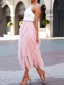 Layered Hem Mesh Overlay Skirt - Dusty Pink - View 4