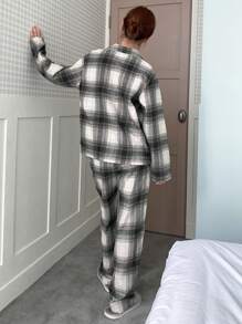 DAZY 格子印花纽扣睡衣套装，秋冬服装 - 藍色 - 查看 2