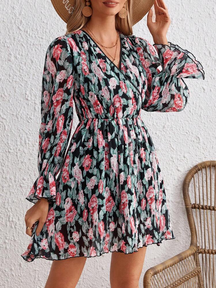 Allover Print Flounce Sleeve Dress