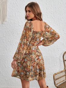 SHEIN VCAY Vestido con estampado floral con nudo delantero de manga farol