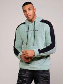 Manfinity Hypemode 男士標語刺繡拼接側邊接縫抽繩毛絨帽衫 - 薄荷綠 - 查看 4