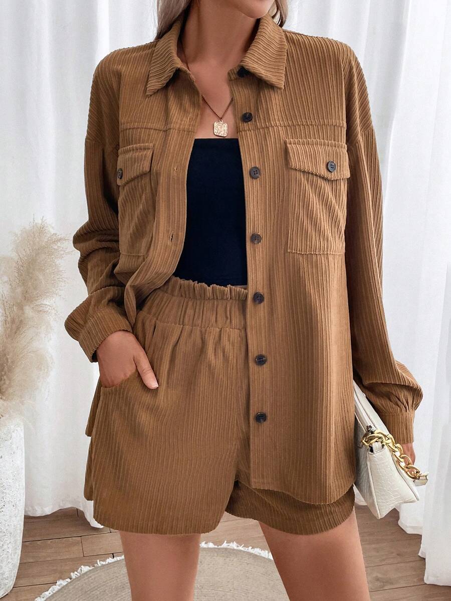 SHEIN Essnce 休閒口袋 前紐扣純色女士兩件套 - 駝色 - 查看 1
