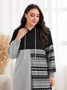 Mulvari 大碼幾何印花撞色抽繩連帽衛衣裙 - 彩色 - 查看 4