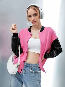 SHEIN Unity Letter Graphic Drop Shoulder Two Tone Bomber Jacket - Pink - View 2