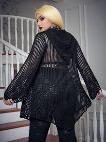 Flirla Plus Tie Front Open Knit Cardigan - Black - View 3