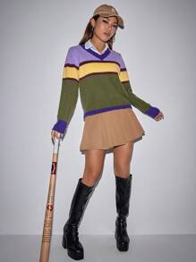 SHEIN Unity 1pc V-Neck Color Block Knit Pullover Fall Winter Sweater - Multicolor - View 4