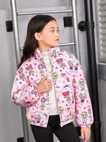 SHEIN Tween Girl 1pc Cartoon Print Zip Up Padded Coat - Pink - View 1