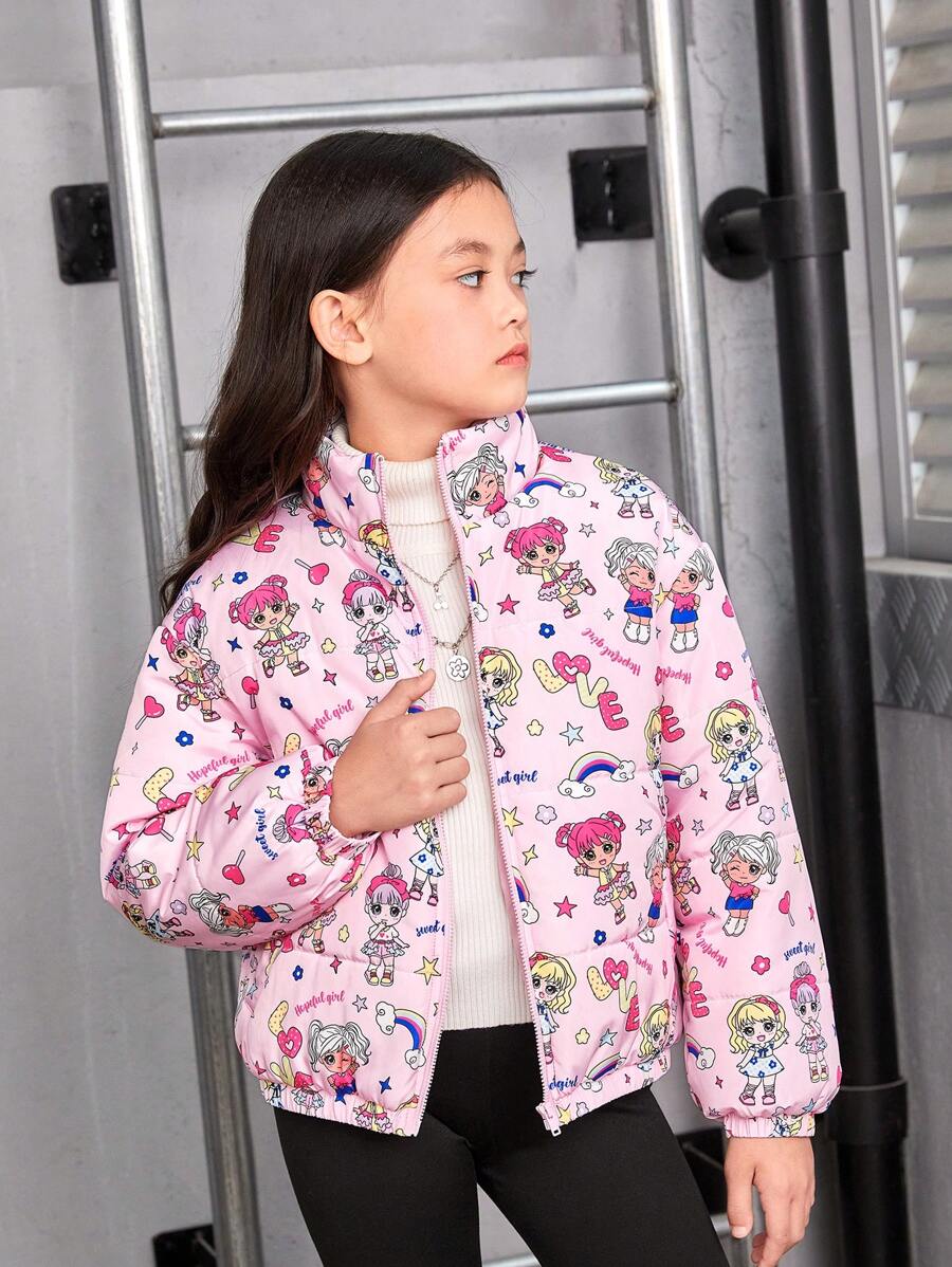 SHEIN Tween Girl 1pc Cartoon Print Zip Up Padded Coat - Pink - View 1