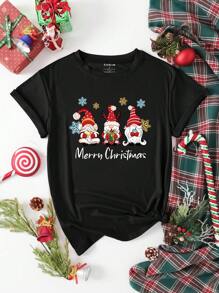 SHEIN EZwear Christmas Gnomes Print Tee - Black - View 1