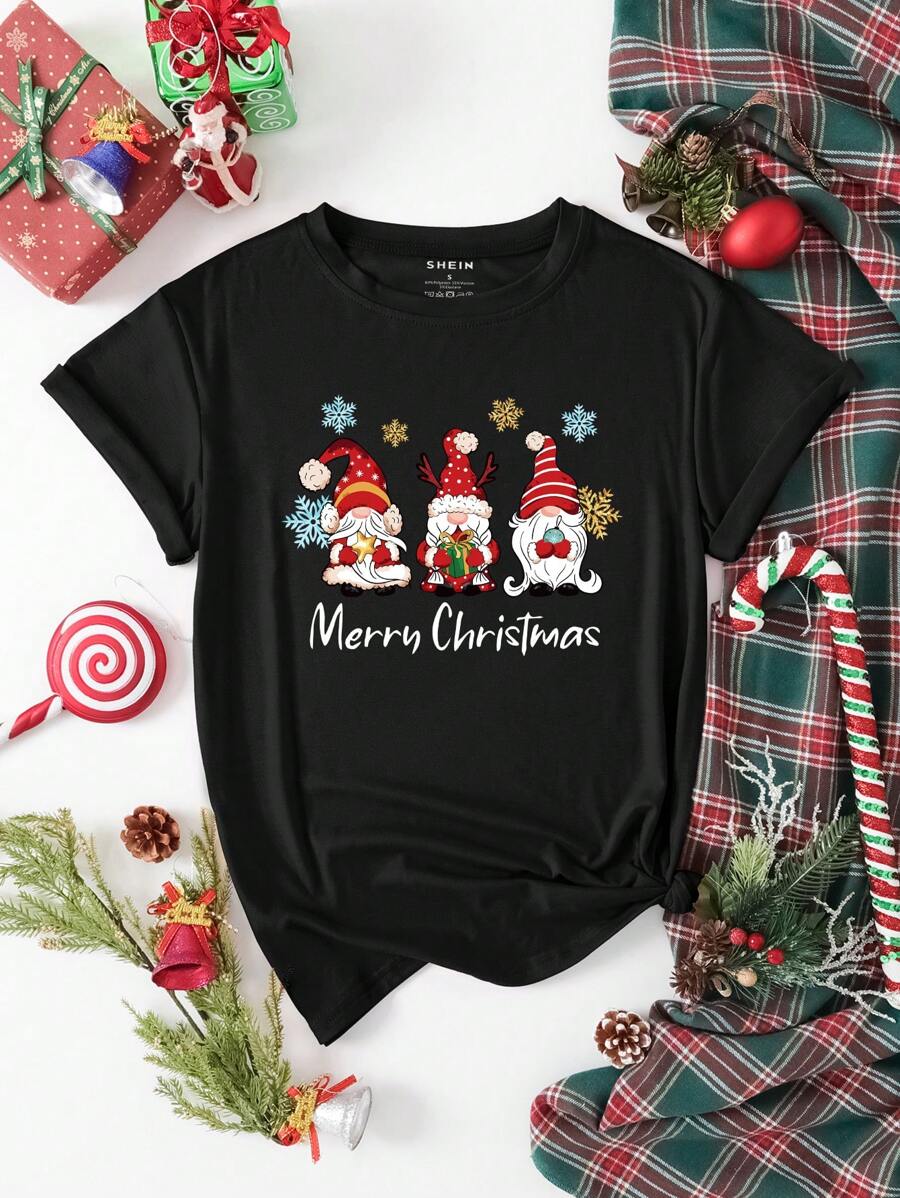 SHEIN EZwear Christmas Gnomes Print Tee - Black - View 1