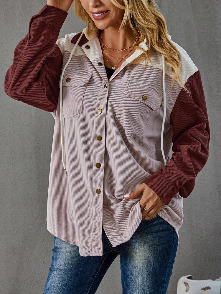 Colorblock Flap Pocket Drop Shoulder Drawstring Hooded Coat