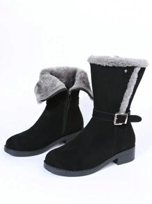 2025秋冬新款女士舒适搭扣厚底靴，时尚保暖毛绒黑色拉链靴，中筒中跟，搭配牛仔裤、毛绒靴、雪地靴都非常合适。 - 黑色 - 查看 7