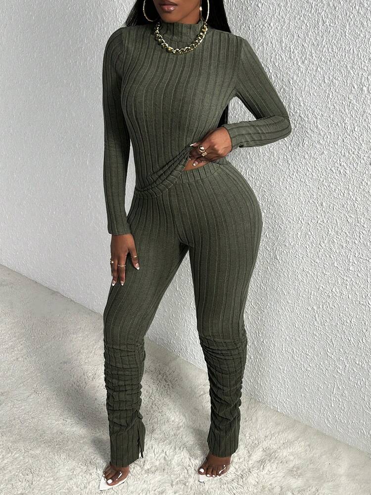 Slayr Casual Homewear High Neck Long Sleeve Cropped T-Shirt & Ribbed Wide Leg Pants Set, Olive Green