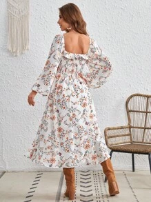 SHEIN VCAY Floral Print Square Neck Lantern Sleeve Dress Without Belt - Apricot - View 2