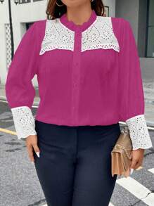 SHEIN Unity Plus Contraste Painel Bordado Ilhós Acabamento De Folho Botão Frontal Blusa - Pink - Visão 1