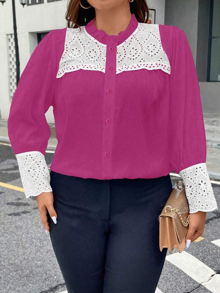 Plus Contrast Eyelet Embroidery Panel Frill Trim Button Front Blouse Fall Cloth For Women