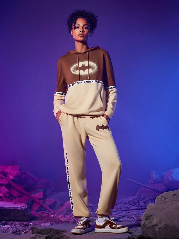 Men 1pc Letter Graphic Colorblock Drawstring Hoodie & 1pc Sweatpants