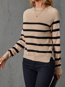SHEIN LUNE Color Block Striped Raglan Sleeve Skin-Friendly Sweater For Layering,Long Sleeve Tops - Camel - View 3