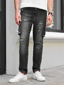 RueChic Men's Ripped Pocket Distressed Washed Denim Jeans - Black - View 1