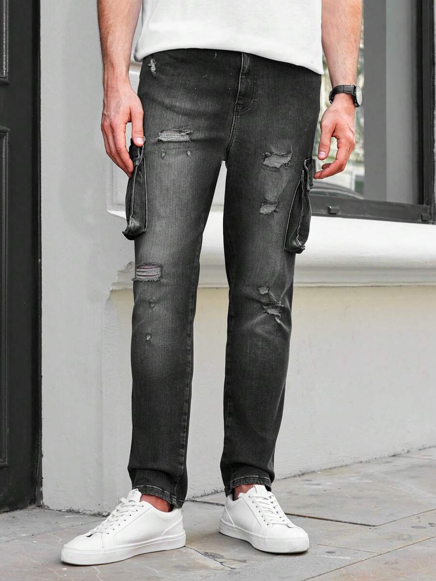 RueChic Men's Ripped Pocket Distressed Washed Denim Jeans - Black - View 1