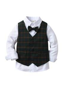 SHEIN 男小童前蝴蝶結襯衫&格紋印花馬甲和褲子 - 墨綠色 - 查看 3