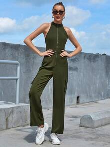 Eilly Bazar Zip Up Dual Pocket Belted Halter Jumpsuit - Army Green - View 6