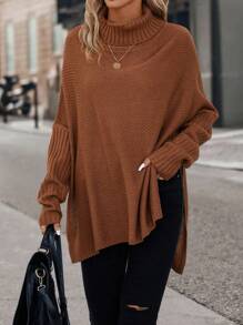 SHEIN Clasi 高領蝙蝠袖下擺開叉套頭毛衣 - 摩卡棕 - 查看 4