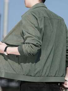 Manfinity Homme Men's Loose Fit Corduroy Jacket With Letter Embroidery And Zipper Closure - Army Green - View 2