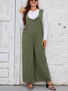 EMERY ROSE 大碼素色闊腿連體褲不帶T恤 - 軍綠色 - 查看 4