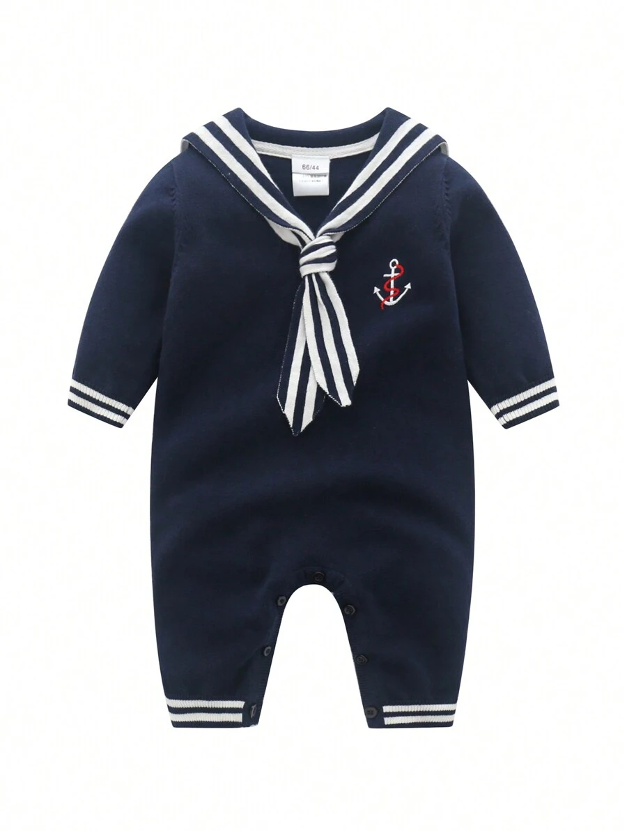 Bebé niño Mono con patrón de rayas cuello marinero tejido