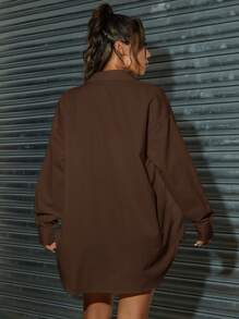 SHEIN Unity Solid Button Front Drop Shoulder Shirt,Long Sleeve Tops Fall Cloth For Women - Coffee Brown - View 2
