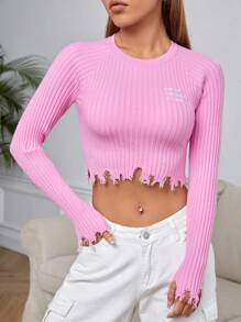 SHEIN EZwear Slogan Embroidery Raglan Sleeve Distressed Crop Sweater