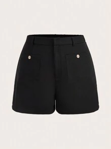 SHEIN Frenchy 大碼素色口袋貼布短褲 - 黑色 - 查看 7