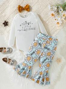 SHEIN 女嬰標語圖案連體衣和印花喇叭褲和頭巾