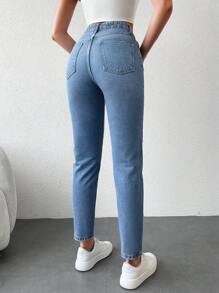 EURMUSE 100%Cotton High Waist Slant Pocket Casual Mom Fit Jeans - Light Wash - View 2