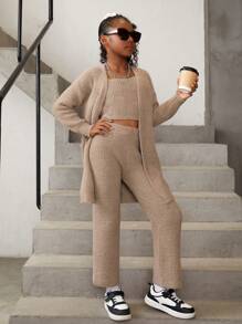 SHEIN Cô gái Tween Chất rắn Đồ đan Ribbed Áo len Duster & Knit ngọn & Quần dệt kim - Màu Khaki - Xem 1