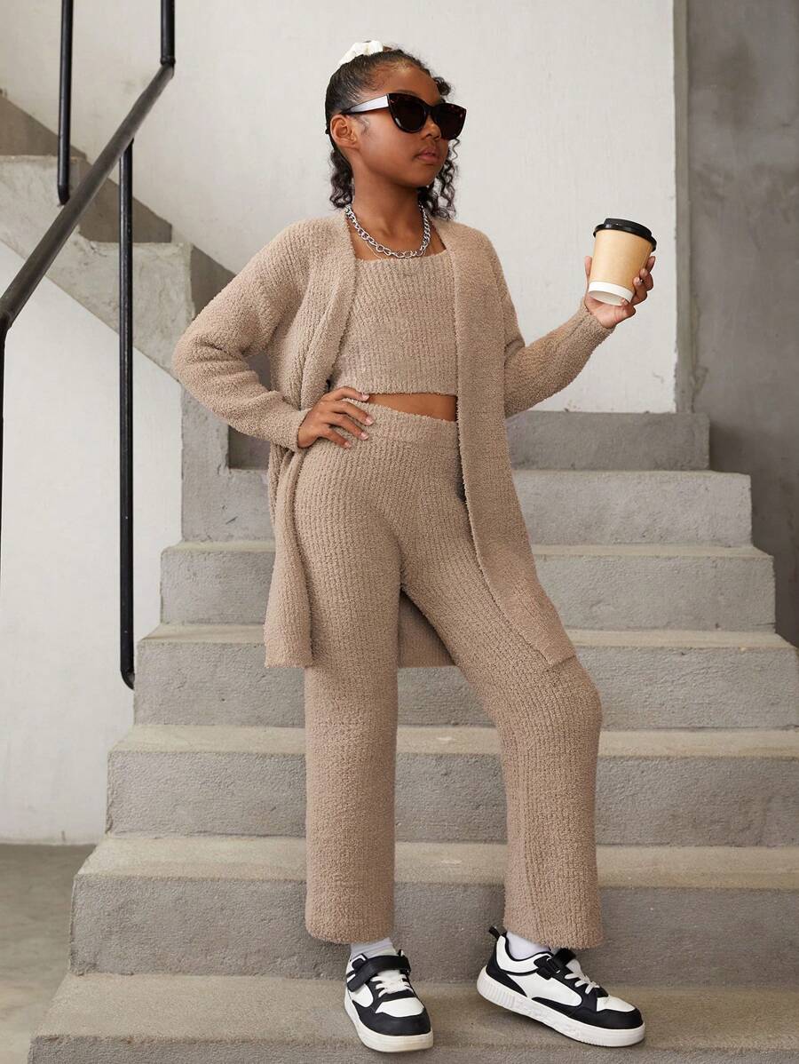 SHEIN Cô gái Tween Chất rắn Đồ đan Ribbed Áo len Duster & Knit ngọn & Quần dệt kim - Màu Khaki - Xem 1