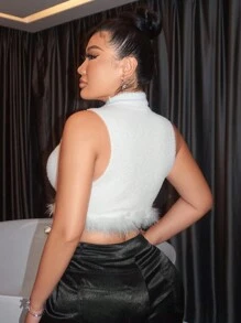 SHEIN SXY 毛邊下擺小高領針織短上衣 - 白色 - 查看 2