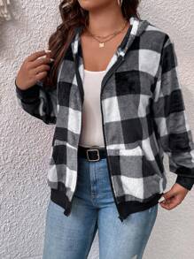 Plus Size Buffalo Plaid Print Zip Up Sweatshirt Graduation, Back To School, Graduation, Teacher For Women, Back To School Pullover Fall Sweatshirt - Black and White - View 5
