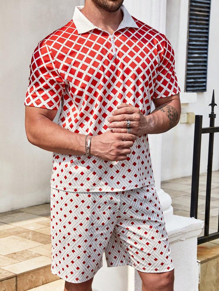 Men Plus Geo Print Polo Shirt & Shorts