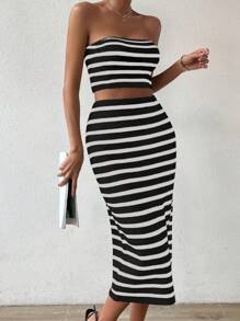 SHEIN Essnce con patrón de rayas tubo Top de punto & Falda de punto - Blanco y Negro - Ver 1