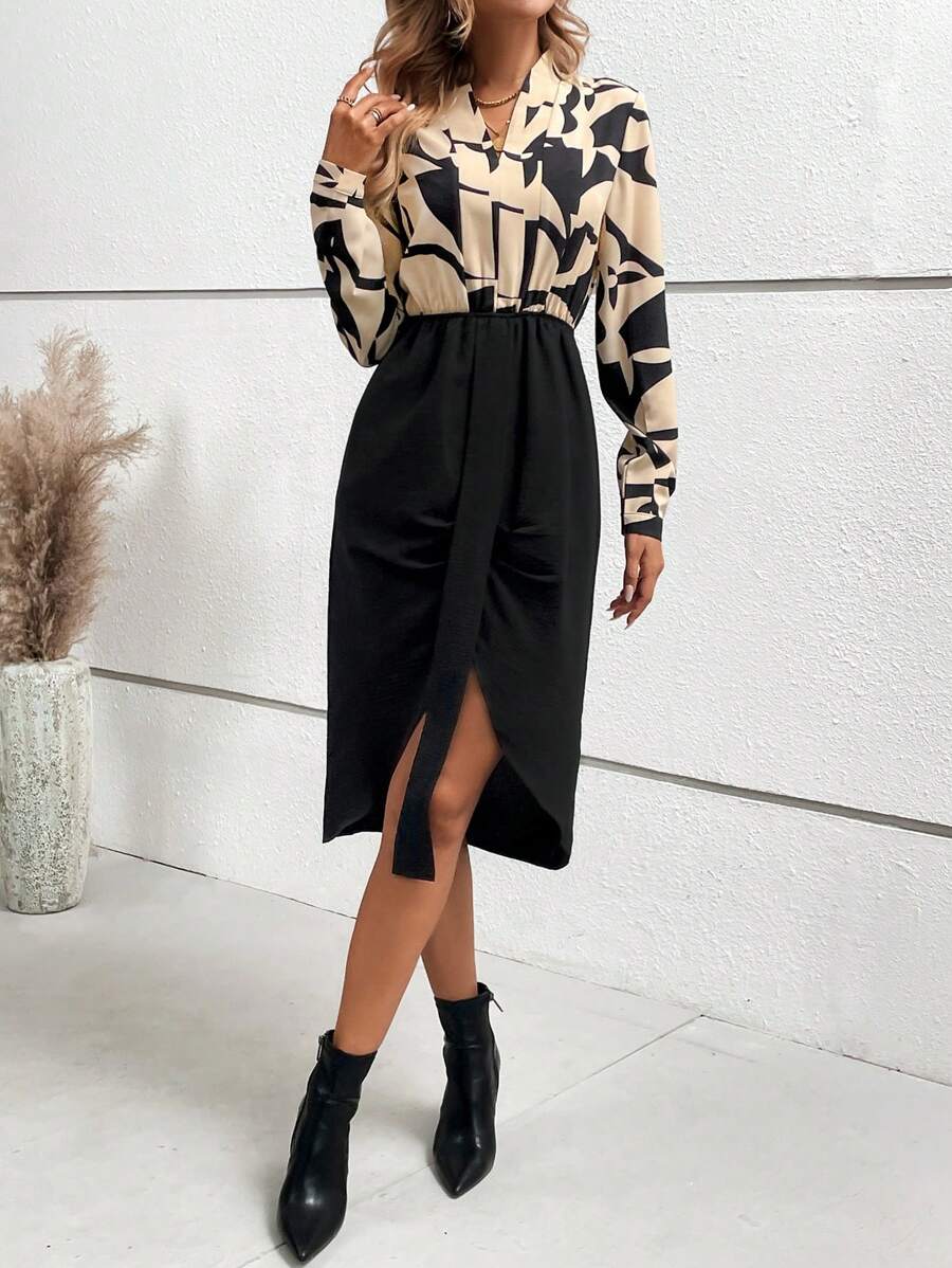 SHEIN Clasi 圖案印花前收褶洋裝 - 黑色 - 查看 1