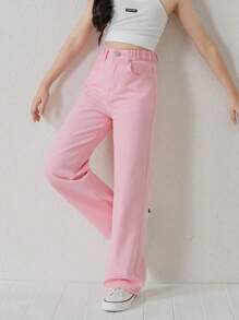 SHEIN Tween Girl Y2K Street Daily 弹性腰部直筒牛仔裤，配有扁平口袋，女孩日常 OOTD 服装 - 淺粉色 - 查看 4