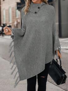 SHEIN LUNE 紐扣細節蝙蝠袖流蘇邊針織斗篷 - 灰色 - 查看 6