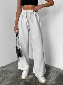 EURMUSE Solid Tie Waist Wide Leg Pants - Apricot - View 1