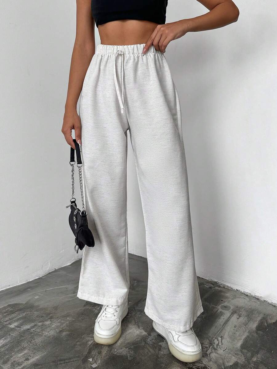 EURMUSE Solid Tie Waist Wide Leg Pants - Apricot - View 1