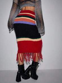 SHEIN Unity Vintage Striped Pattern Fringe Hem Contrast Color Sweater Skirt - Multicolor - View 2