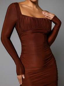 SHEIN BAE Đầm Bodycon xếp nếp cổ vuông - màu nâu - Xem 4